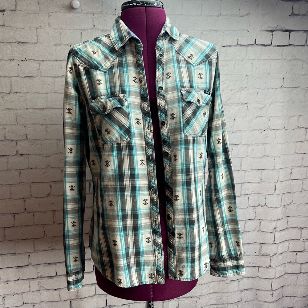 Roxy long sleeve blue plaid button up shirt size medium